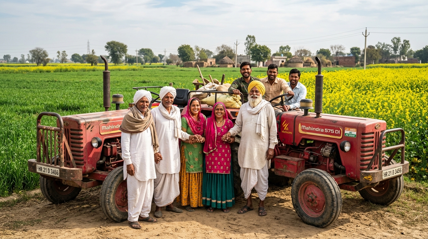 Rural farmers and senior citizens in Haryana near farm equipment